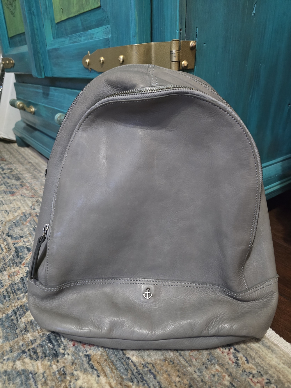 Gray Leather Womens Backpack with Anchor Detail